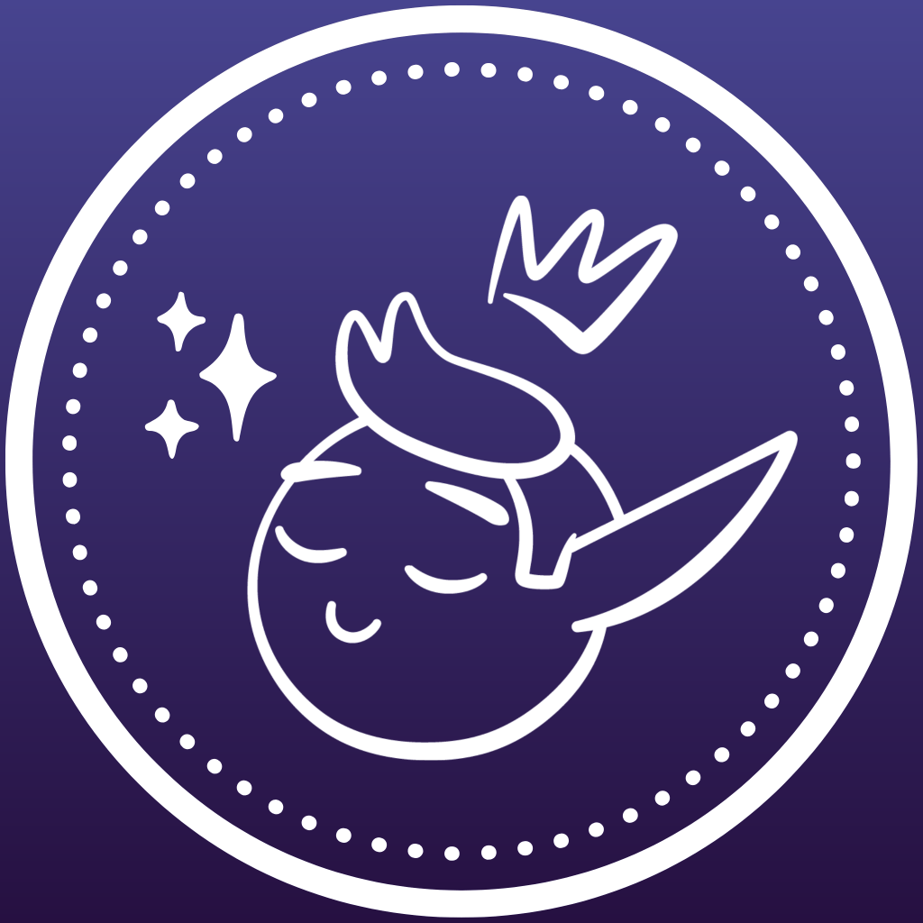 The head of an elf with a floating crown and two stars to the left, inside a circle