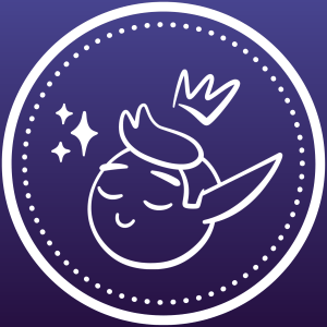 The head of an elf with a floating crownv and two stars to the left, inside a circle