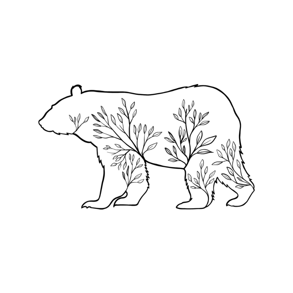 Outline of a bear with outline of leaves on the inside. Black lines over white background.