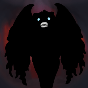 Picture of a shadowy creture with glowing eyes and sharp teeth.