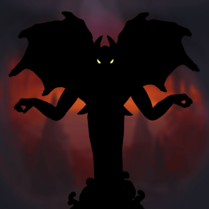 Picture of a winged dark creature with claws and glowing eyes