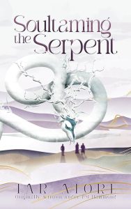 Cover of Soultaming the Serpent by Tar Atore. A long white dragon looks down to people standing on what appear to be sand dunes, all over a light background.