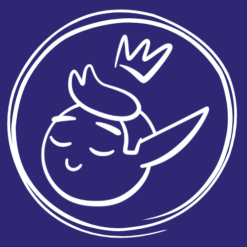 White linework of a cartoony elf head looking content and a crown floating above their head. A white hand-drawn circle surrounds it.